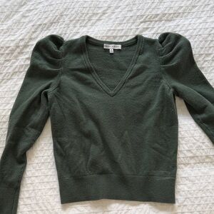 Rebecca Minkoff Dark Green V-Neck Puff Sleeve Sweater